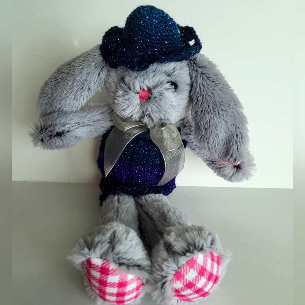 Plush Bunny with homemade crochet strapless dress and matching crochet hat